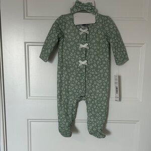 Nicole Miller Green Floral Footie with White Bows